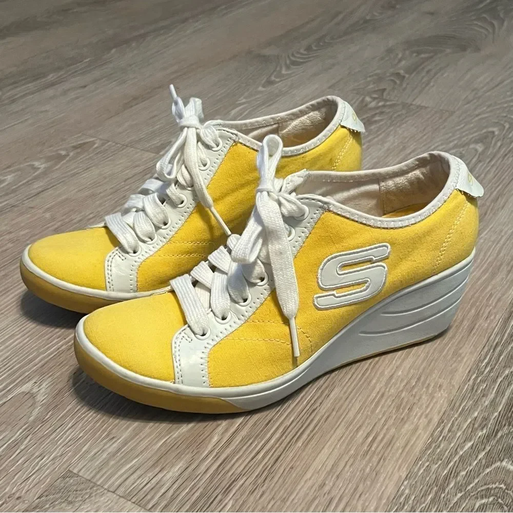 Vtg 90s Y2K Skechers “S” Cali Platform Wedge Sneaker Shoe Yellow White Lace Up 7 - Picture 4 of 15